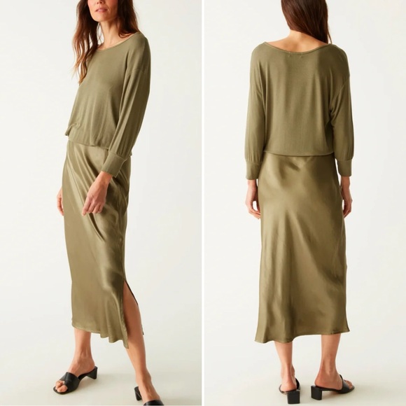 Michael Stars Nadia Mixed Fabric Satin Midi Dress in Olive Green, Size S - Picture 3 of 12